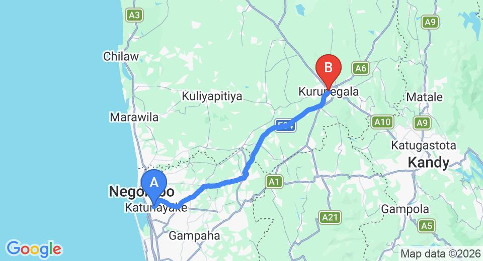 Driving route map: Colombo Airport (CMB) to Paradise Kurunegala, Kurunegala (72 km, approx 1 h 37 min private transfer)