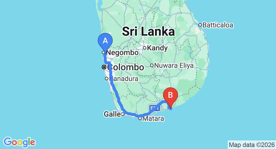 Driving route map: Colombo Airport (CMB) to Jade Green Hambantota, Hambantota (268 km, approx 3 h 25 min private transfer)