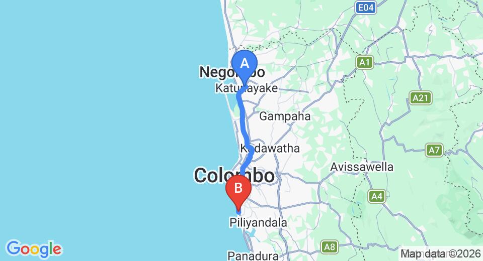 Driving route map: Colombo Airport (CMB) to Mount Lavinia Hotel, Mount Lavinia (43 km, approx 1 h 10 min private transfer)