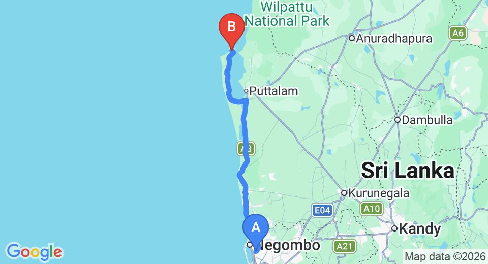 Driving route map: Colombo Airport (CMB) to Kitelantis Hotel and Resort, Kalpitiya (141 km, approx 3 h 21 min private transfer)