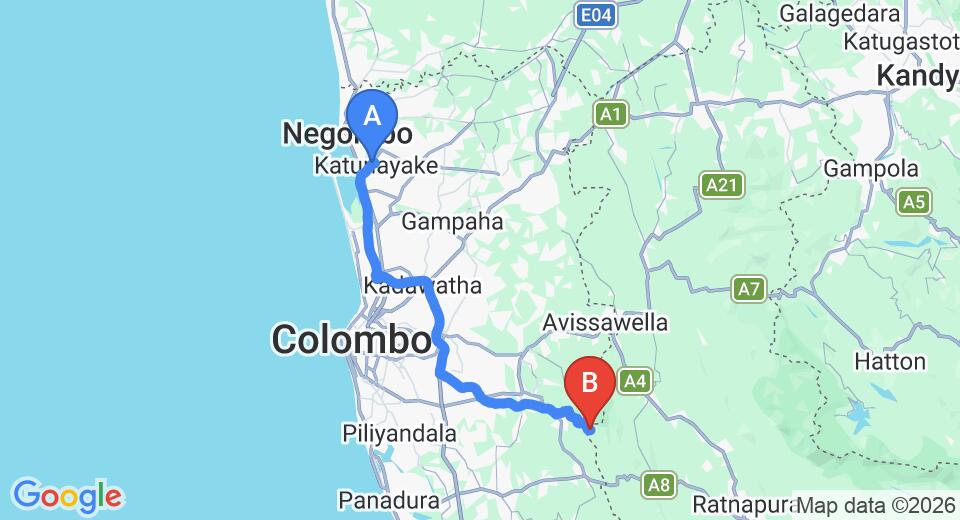 Driving route map: Colombo Airport (CMB) to Serenity Village, Ingiriya (72 km, approx 1 h 33 min private transfer)
