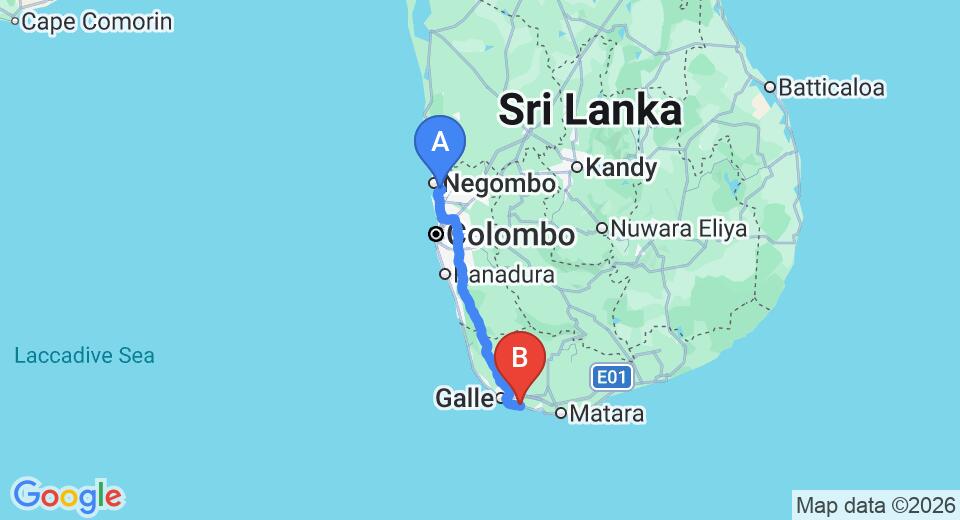 Driving route map: Colombo Airport (CMB) to The Long Beach Resort, Koggala (161 km, approx 2 h 21 min private transfer)
