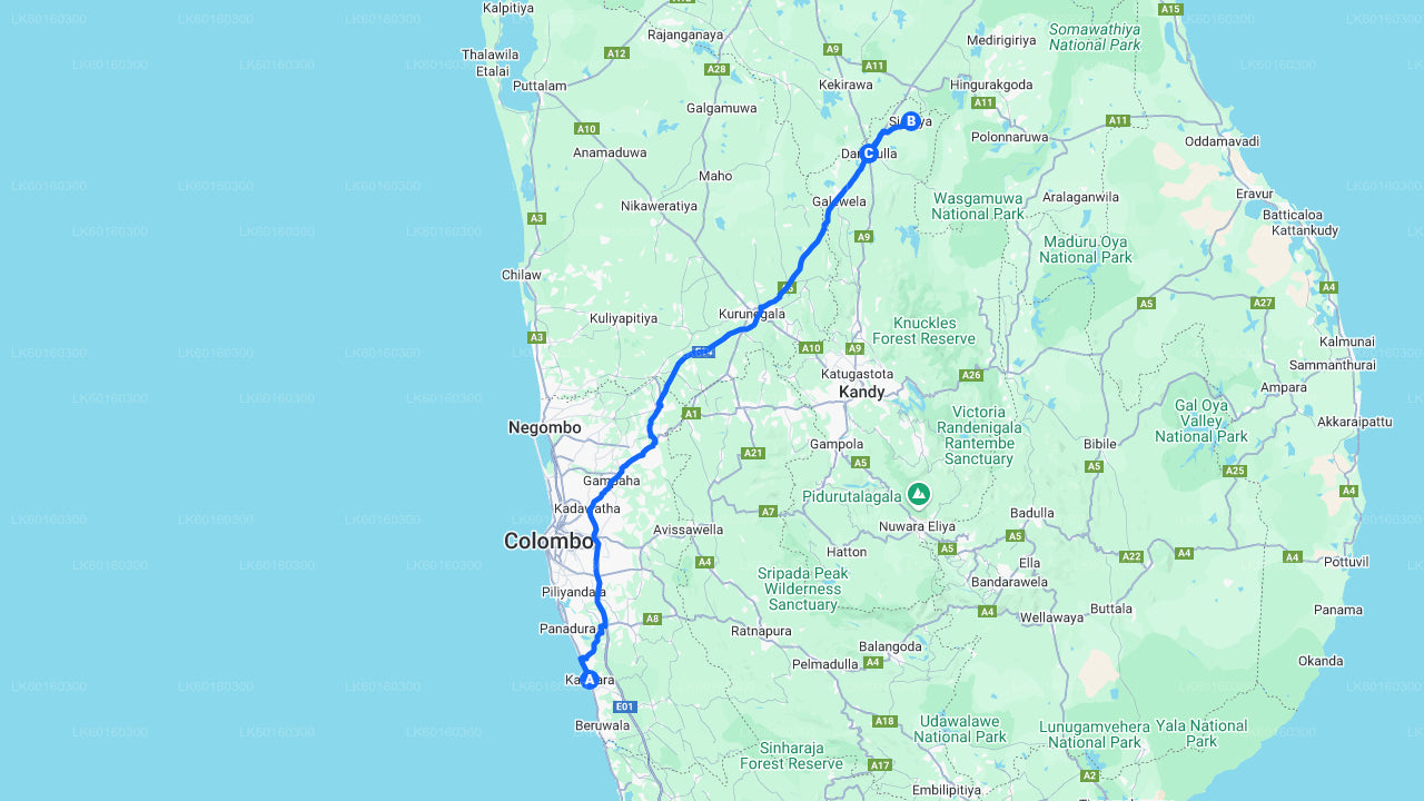 Rocher de Sigiriya et grotte de Dambulla depuis Kalutara