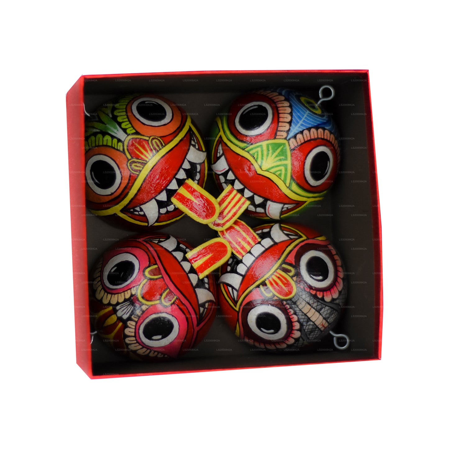 Masques raksha traditionnels du Sri Lanka (Mayura, Maru, Agni, Naga) peints sur des coquilles de noix de coco (lot de 4)