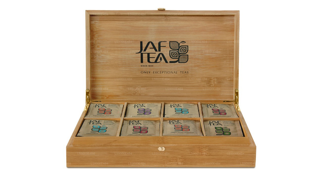 Présentoir en bambou à 8 compartiments Jaf Tea avec sachets de thé enveloppés en aluminium (160 g)
