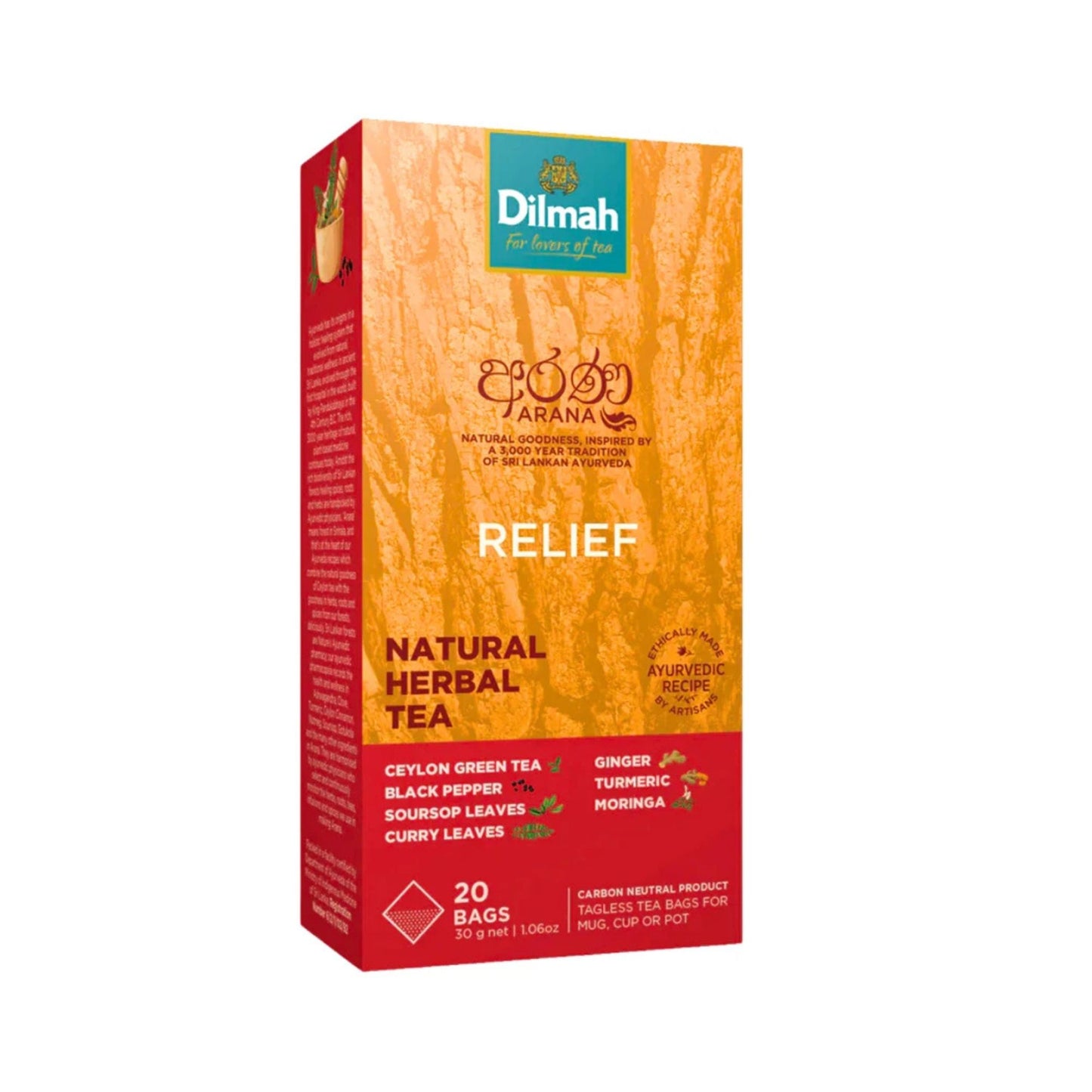 Thé vert naturel aux herbes Dilmah Arana Relief (20 sachets de thé sans étiquette)