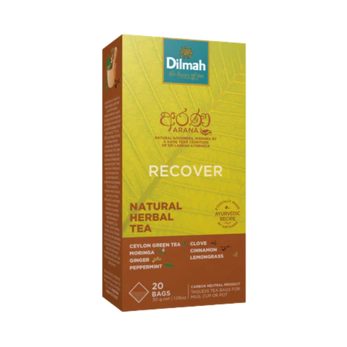 Thé vert aux herbes naturel Dilmah Arana Recover (20 sachets de thé sans étiquette)