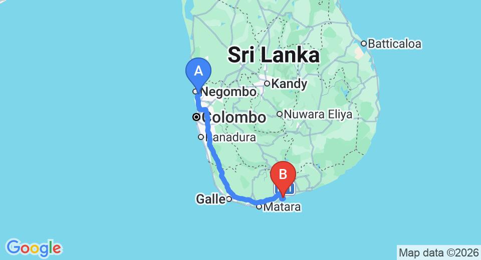 Driving route map: Colombo Airport (CMB) to Cinnabar Resort, Tangalle (218 km, approx 2 h 56 min private transfer)