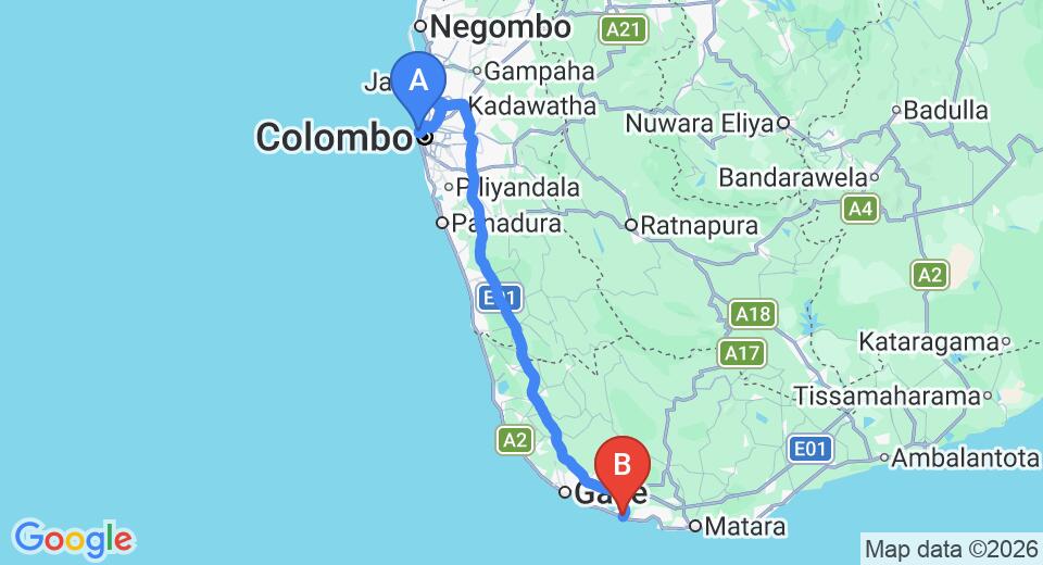 Driving route map: Colombo Seaport to Ahangama (160 km, approx 2 h 18 min private transfer)