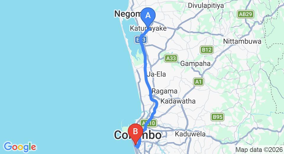 Driving route map: Colombo Airport (CMB) to Ishq Colombo, Colombo (36 km, approx 50 min private transfer)