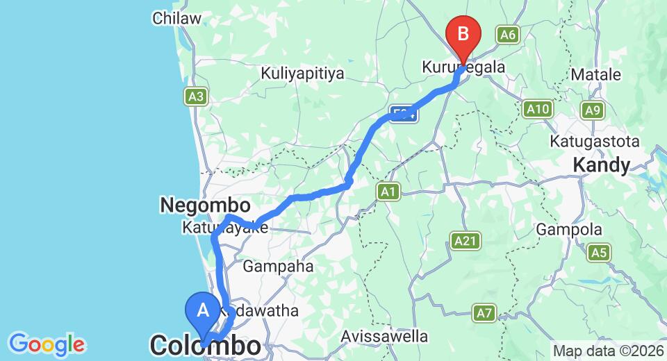 Driving route map: Colombo Seaport to Kurunegala (105 km, approx 2 h 9 min private transfer)