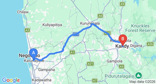 Driving route map: Colombo Airport (CMB) to Sandriana Lake View Hotel, Kandy (115 km, approx 2 h 53 min private transfer)