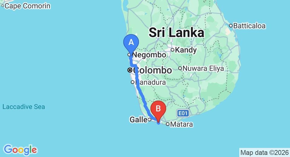 Driving route map: Colombo Airport (CMB) to Thalduwa Island Villas, Ahangama (167 km, approx 2 h 25 min private transfer)