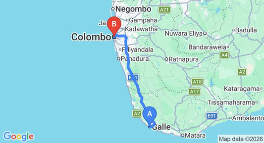 Driving route map: Galle to Colombo (129 km, approx 2 h 8 min private transfer)