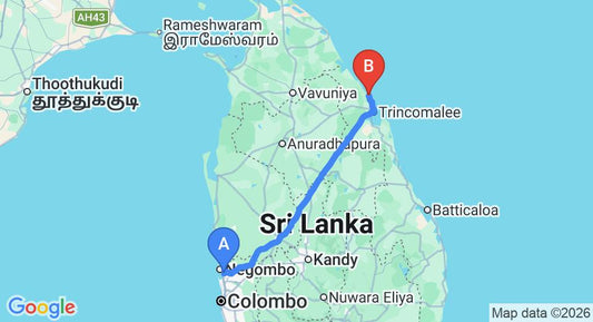Driving route map: Colombo Airport (CMB) to Bay Beach Hotel, Trincomalee (253 km, approx 5 h 12 min private transfer)