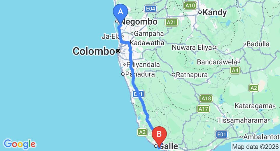 Driving route map: Colombo Airport (CMB) to Dilakn Guest House, Unawatuna (152 km, approx 2 h 6 min private transfer)