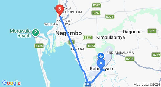 Driving route map: Colombo Airport (CMB) to AloeVera Villa, Negombo (12 km, approx 27 min private transfer)
