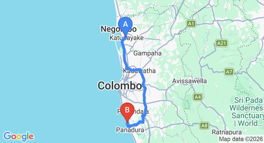 Driving route map: Colombo Airport (CMB) to Lake Lodge, Colombo (73 km, approx 1 h 25 min private transfer)