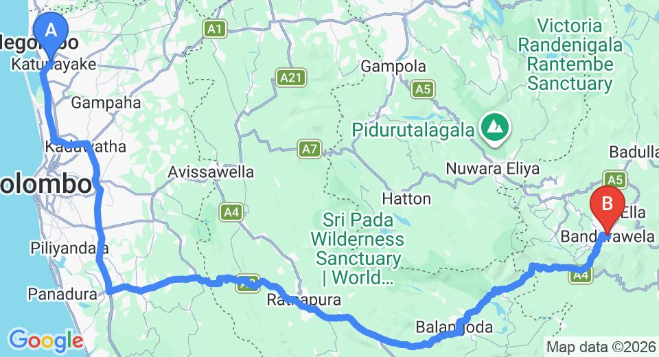 Driving route map: Colombo Airport (CMB) to Oban Cottage, Bandarawela (220 km, approx 5 h 23 min private transfer)