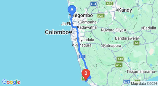 Driving route map: Colombo Airport (CMB) to Cinnamon Garden Hotel, Hikkaduwa (143 km, approx 2 h 7 min private transfer)