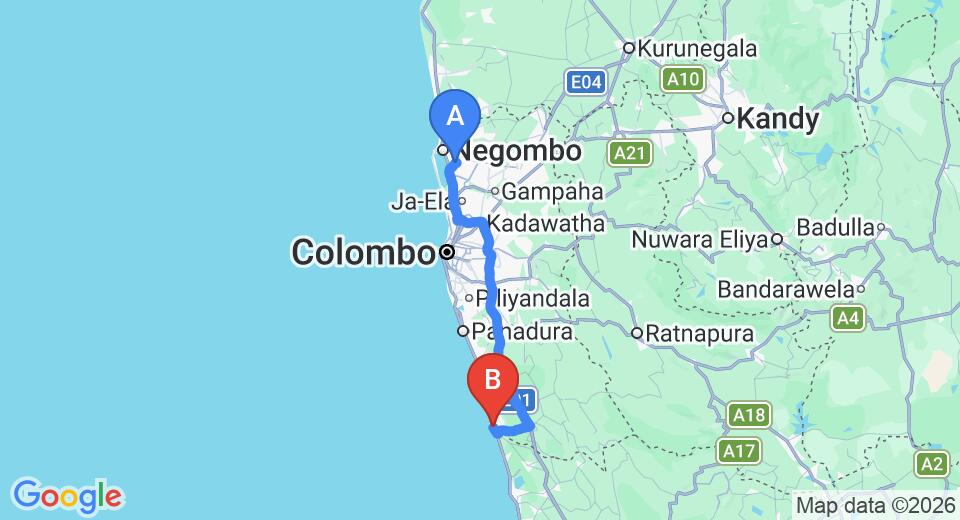 Driving route map: Colombo Airport (CMB) to Neptune Ayurveda Village, Beruwala (109 km, approx 1 h 42 min private transfer)