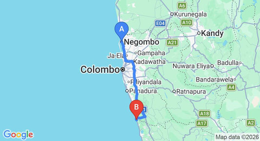 Driving route map: Negombo to Bentota (111 km, approx 1 h 45 min private transfer)