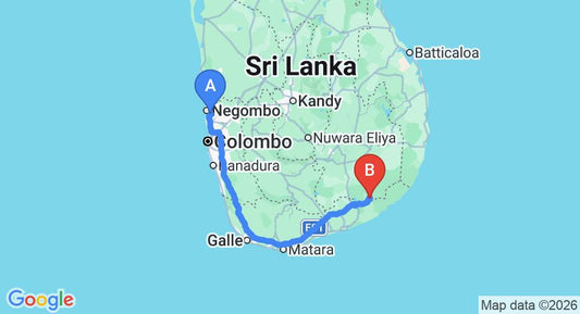 Driving route map: Colombo Airport (CMB) to Orinma Holiday Resort, Kataragama (286 km, approx 3 h 48 min private transfer)
