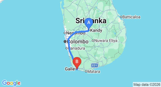 Driving route map: Kandy to Unawatuna (221 km, approx 4 h 32 min private transfer)