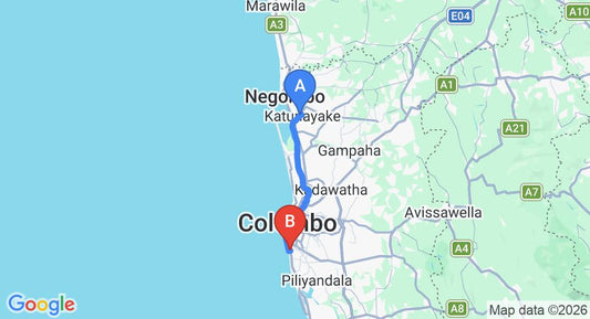 Driving route map: Colombo Airport (CMB) to Omega Regency, Colombo (40 km, approx 1 h 0 min private transfer)