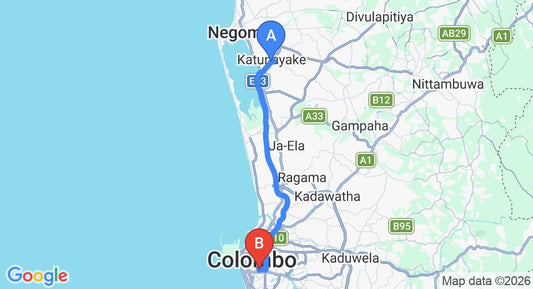 Driving route map: Colombo Airport (CMB) to Paradise Road Tintagel, Colombo (34 km, approx 43 min private transfer)