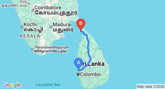Driving route map: Colombo Airport (CMB) to Bastian Hotel, Jaffna (371 km, approx 7 h 12 min private transfer)
