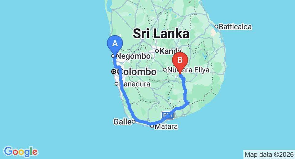 Driving route map: Colombo Airport (CMB) to Hotel Onrock, Ella (335 km, approx 4 h 57 min private transfer)