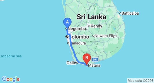 Driving route map: Colombo Airport (CMB) to Matara (184 km, approx 2 h 32 min private transfer)