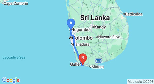 Driving route map: Colombo Airport (CMB) to Auraliya, Talpe (157 km, approx 2 h 15 min private transfer)