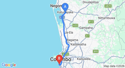 Driving route map: Colombo Airport (CMB) to Mandarina Colombo, Colombo (37 km, approx 51 min private transfer)