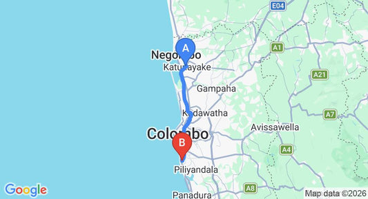 Driving route map: Colombo Airport (CMB) to Sithila Villa, Colombo (42 km, approx 1 h 9 min private transfer)