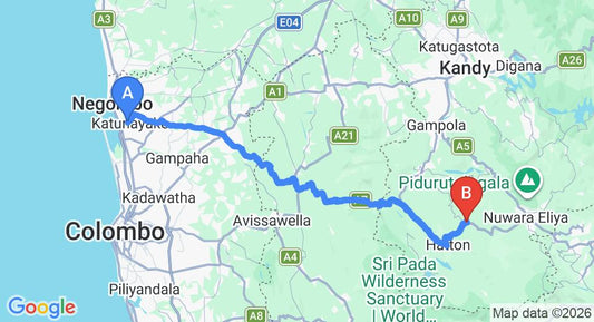 Driving route map: Colombo Airport (CMB) to The Waterfall Villas, Hatton (127 km, approx 3 h 54 min private transfer)