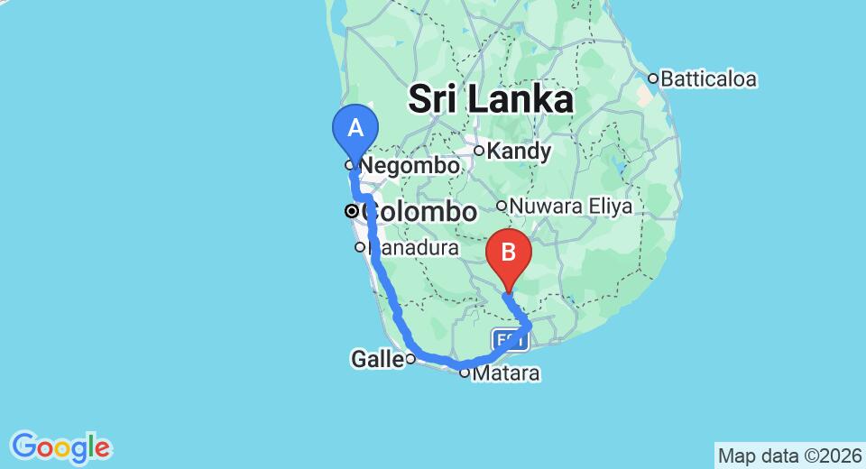 Driving route map: Colombo Airport (CMB) to The Countryside Udawalawe, Udawalawe (258 km, approx 3 h 37 min private transfer)