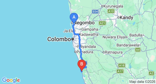 Driving route map: Colombo Airport (CMB) to Royal Beach Resort, Induruwa (114 km, approx 1 h 51 min private transfer)