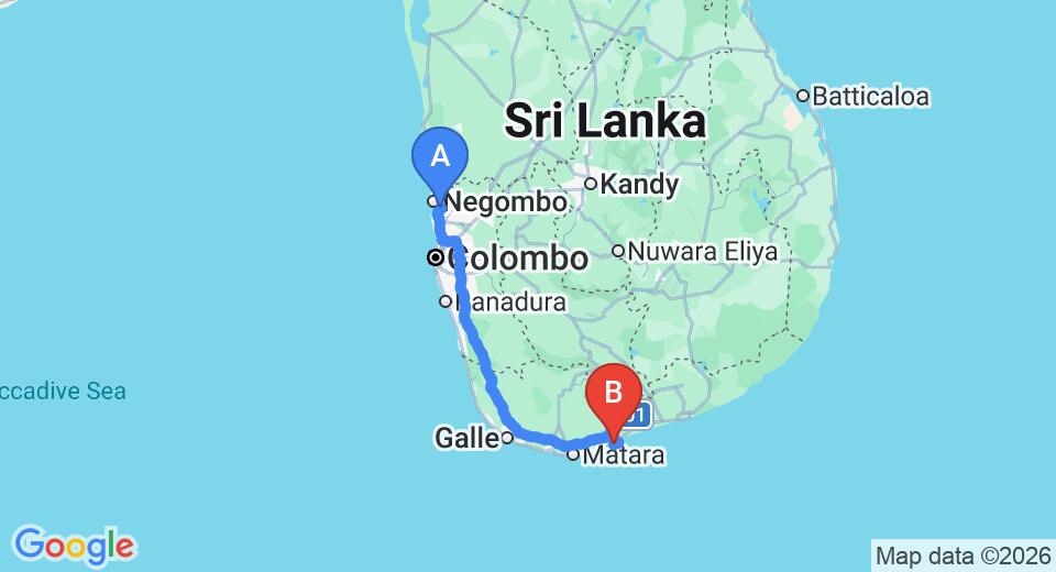 Driving route map: Colombo Airport (CMB) to Sethsiri Bungalow, Tangalle (215 km, approx 2 h 57 min private transfer)
