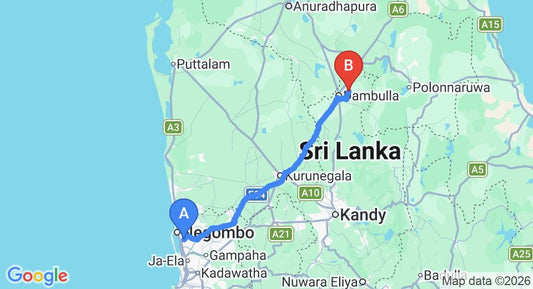 Driving route map: Colombo Airport (CMB) to Amaya Lake, Dambulla (138 km, approx 3 h 1 min private transfer)