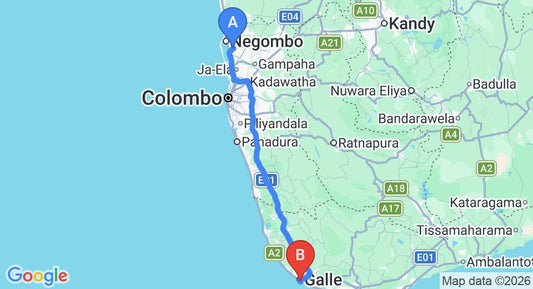 Driving route map: Colombo Airport (CMB) to Mamas Galle Fort, Galle (153 km, approx 2 h 14 min private transfer)