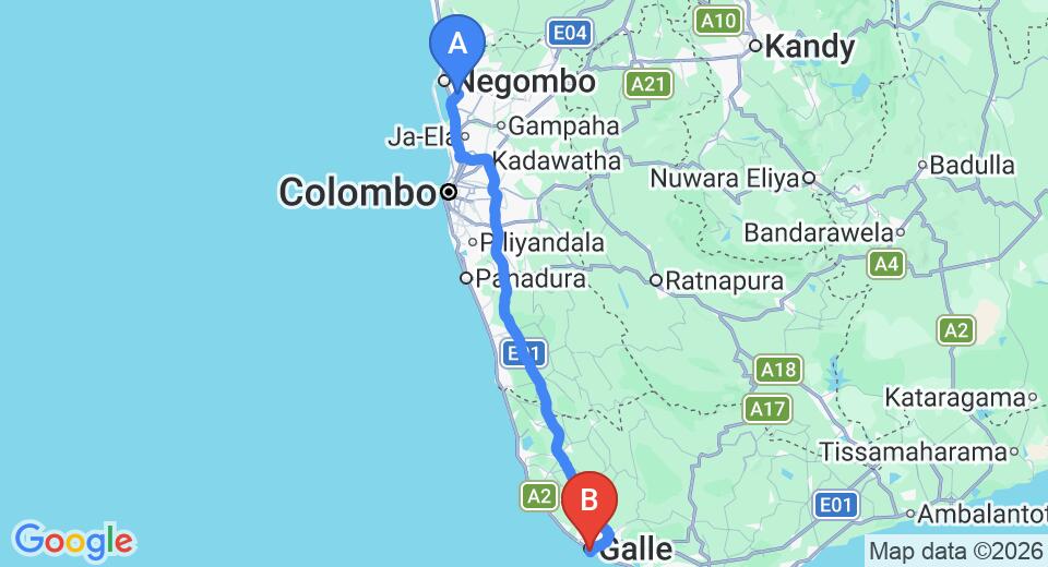 Driving route map: Colombo Airport (CMB) to Galle Fort Hotel, Galle (153 km, approx 2 h 13 min private transfer)