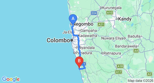 Driving route map: Colombo Airport (CMB) to Riverdale Eco Resort, Aluthgama (108 km, approx 1 h 42 min private transfer)