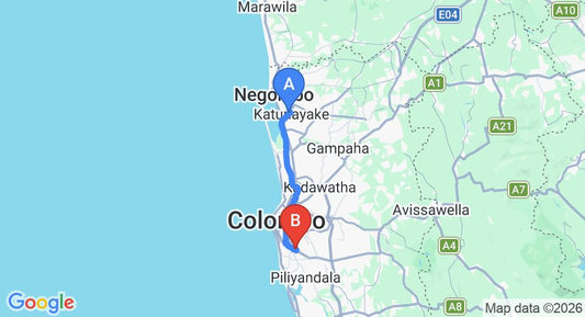 Driving route map: Colombo Airport (CMB) to Nugegoda (40 km, approx 1 h 1 min private transfer)