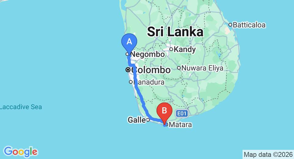 Driving route map: Colombo Airport (CMB) to Randuma Villas, Matara (186 km, approx 2 h 36 min private transfer)