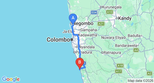 Driving route map: Colombo Airport (CMB) to Paradise Road The Villa, Bentota (109 km, approx 1 h 43 min private transfer)
