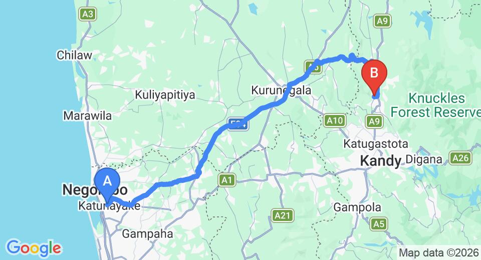 Driving route map: Colombo Airport (CMB) to Rock House Matale, Matale (124 km, approx 2 h 56 min private transfer)