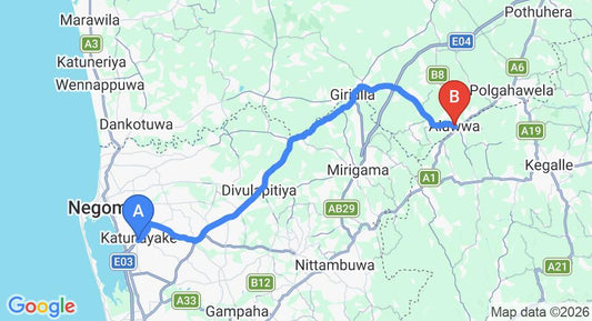 Driving route map: Colombo Airport (CMB) to Alawwa (53 km, approx 1 h 26 min private transfer)