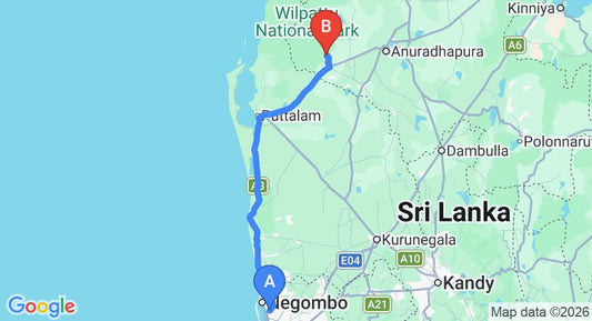 Driving route map: Colombo Airport (CMB) to Aanawila By Wilderness, Wilpattu (156 km, approx 3 h 37 min private transfer)